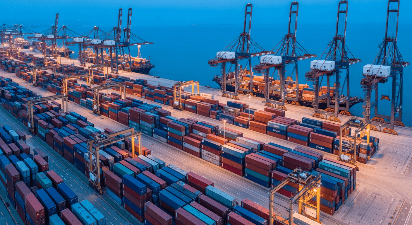 Shipping container port terminal with gantry cranes — Zalloco Industries port logistics