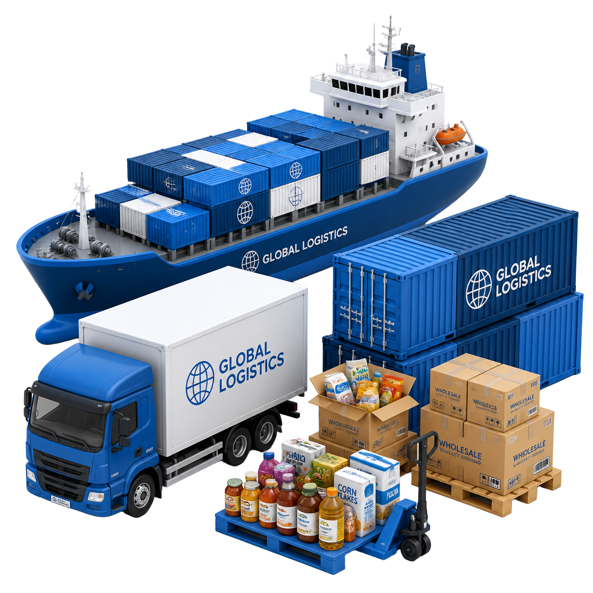 3D illustration of container ship, cargo containers and wholesale grocery cartons